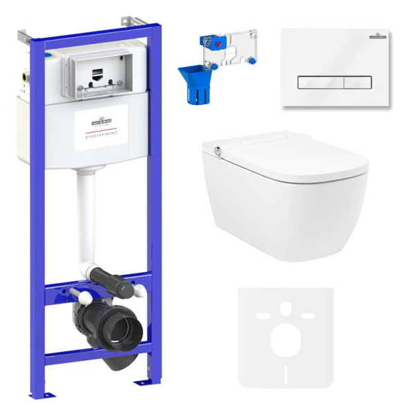 Умный комплект 7 в 1 Lavinia Boho Smart V-Clean 87561125, безободковый унитаз, электронная крышка-биде, пульт ДУ, инсталляция, крепление, клавиша смыва, шумоизоляция, диспенсер