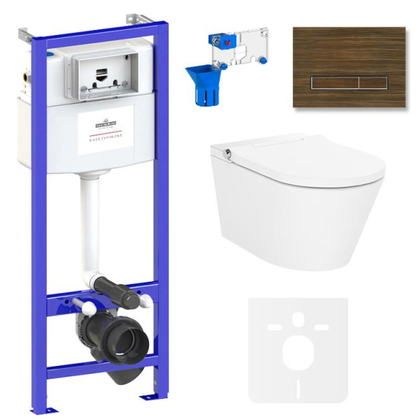 Умный комплект 7 в 1 Lavinia Boho Smart V-Clean 87561158, безободковый унитаз, электронная крышка-биде, пульт ДУ, инсталляция, крепление, клавиша смыва, шумоизоляция, диспенсер