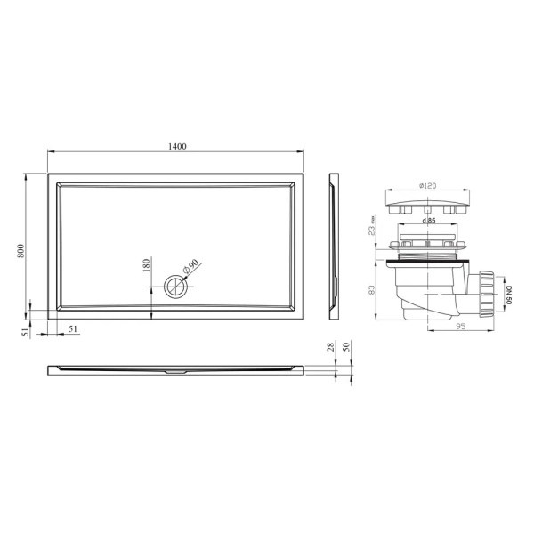 Комплект прямоугольного душевого поддона с сифоном Lavinia Boho One 3701914S, 140 х 80 см