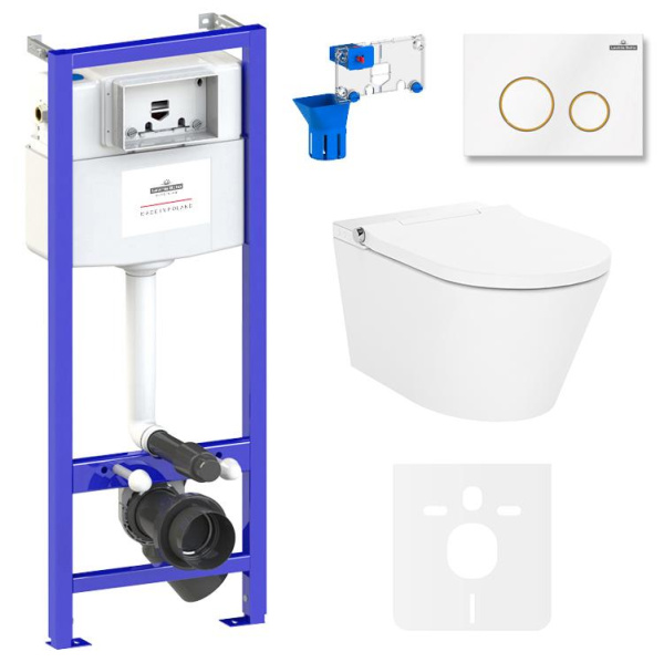 Умный комплект 7 в 1 Lavinia Boho Smart V-Clean 87561170, безободковый унитаз, электронная крышка-биде, пульт ДУ, инсталляция, крепление, клавиша смыва, шумоизоляция, диспенсер