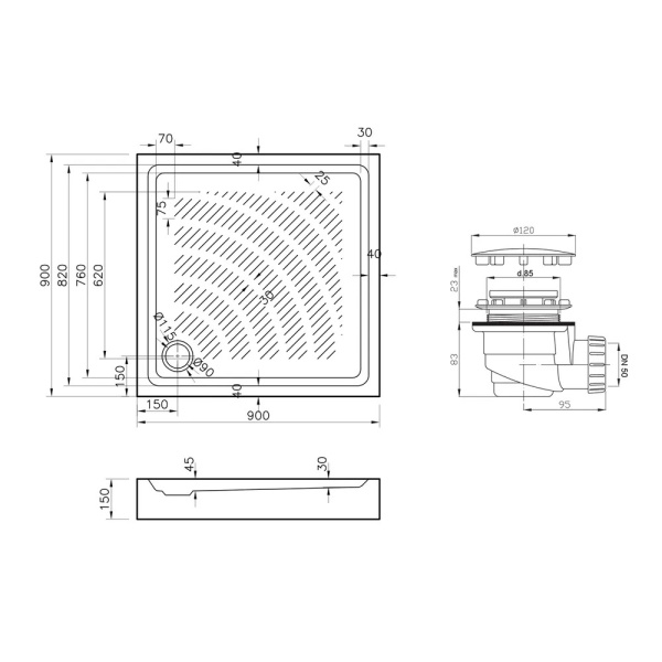 Комплект квадратного душевого поддона с сифоном Lavinia Boho Rock 3707490S, 90 х 90 см