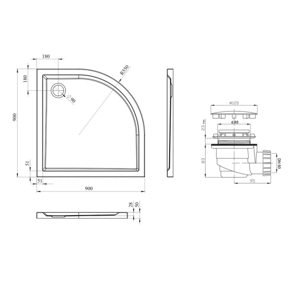 Комплект полукруглого душевого поддона с сифоном Lavinia Boho One 3701290S, 90 х 90 см
