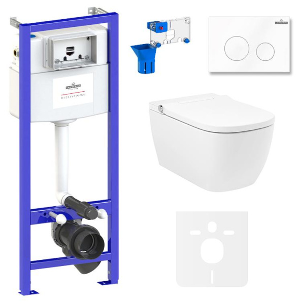 Умный комплект 7 в 1 Lavinia Boho Smart V-Clean 87561121, безободковый унитаз, электронная крышка-биде, пульт ДУ, инсталляция, крепление, клавиша смыва, шумоизоляция, диспенсер