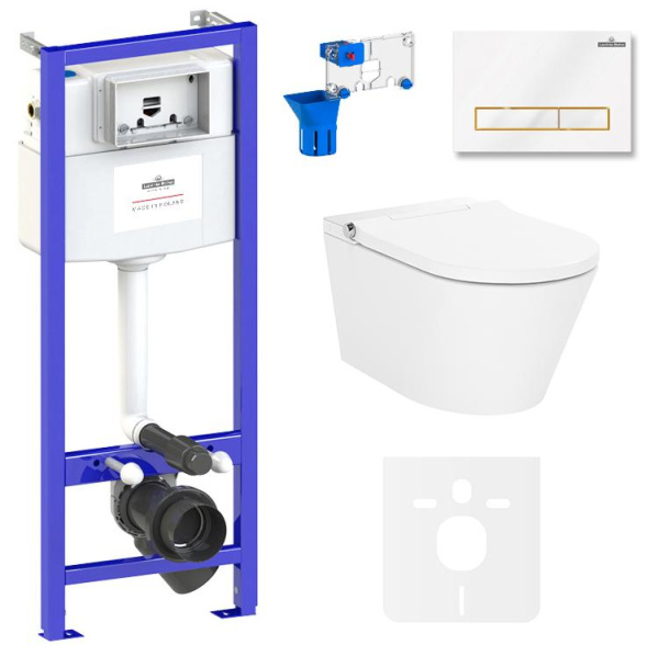 Умный комплект 7 в 1 Lavinia Boho Smart V-Clean 87561168, безободковый унитаз, электронная крышка-биде, пульт ДУ, инсталляция, крепление, клавиша смыва, шумоизоляция, диспенсер