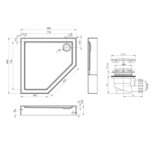 Комплект пятиугольного душевого поддона с сифоном Lavinia Boho Art 3708190S, 90 х 90 см