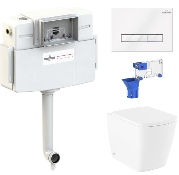 Комплект 5 в 1 Lavinia Boho Relfix Aveo Rimless 87060261: приставной безободковый унитаз, сиденье микролифт, бачок скрытого монтажа, крепление, клавиша смыва, диспенсер