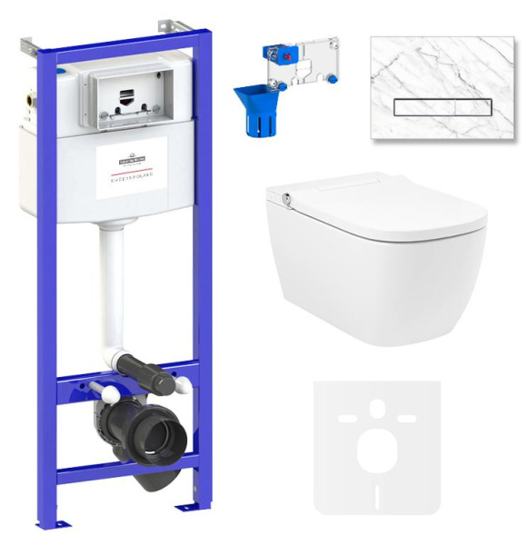 Умный комплект 7 в 1 Lavinia Boho Smart V-Clean 87561144, безободковый унитаз, электронная крышка-биде, пульт ДУ, инсталляция, крепление, клавиша смыва, шумоизоляция, диспенсер