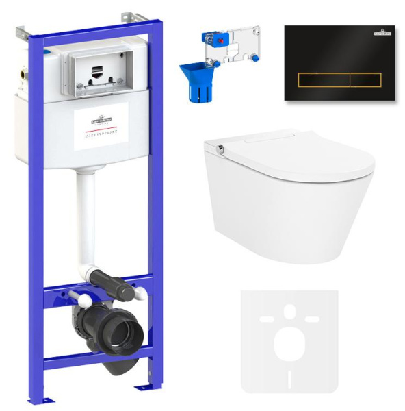 Умный комплект 7 в 1 Lavinia Boho Smart V-Clean 87561167, безободковый унитаз, электронная крышка-биде, пульт ДУ, инсталляция, крепление, клавиша смыва, шумоизоляция, диспенсер