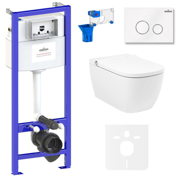 Умный комплект 7 в 1 Lavinia Boho Smart V-Clean 87561127, безободковый унитаз, электронная крышка-биде, пульт ДУ, инсталляция, крепление, клавиша смыва, шумоизоляция, диспенсер