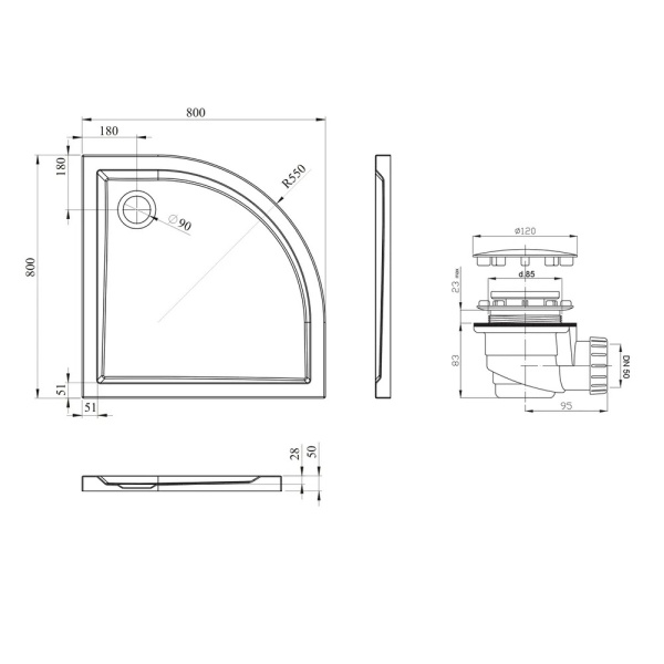 Комплект полукруглого душевого поддона с сифоном Lavinia Boho One 3701180S, 80 х 80 см