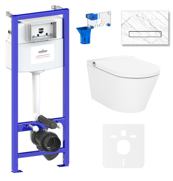 Умный комплект 7 в 1 Lavinia Boho Smart V-Clean 87561173, безободковый унитаз, электронная крышка-биде, пульт ДУ, инсталляция, крепление, клавиша смыва, шумоизоляция, диспенсер