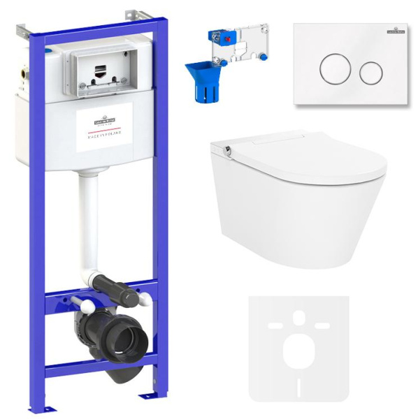 Умный комплект 7 в 1 Lavinia Boho Smart V-Clean 87561156, безободковый унитаз, электронная крышка-биде, пульт ДУ, инсталляция, крепление, клавиша смыва, шумоизоляция, диспенсер