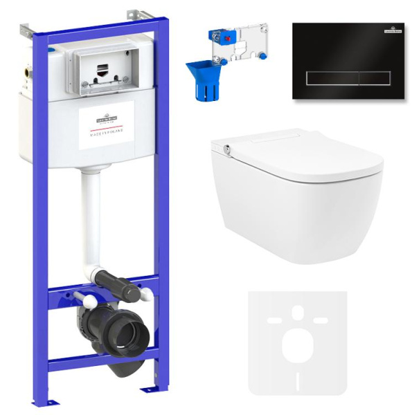 Умный комплект 7 в 1 Lavinia Boho Smart V-Clean 87561120, безободковый унитаз, электронная крышка-биде, пульт ДУ, инсталляция, крепление, клавиша смыва, шумоизоляция, диспенсер