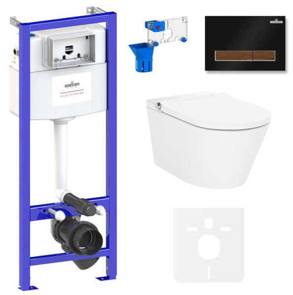 Умный комплект 7 в 1 Lavinia Boho Smart V-Clean 87561162, безободковый унитаз, электронная крышка-биде, пульт ДУ, инсталляция, крепление, клавиша смыва, шумоизоляция, диспенсер