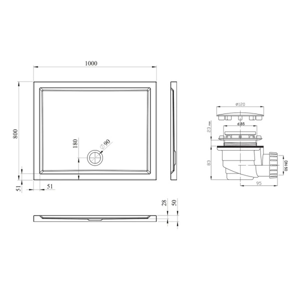 Комплект прямоугольного душевого поддона с сифоном Lavinia Boho One 3701510S, 100 х 80 см