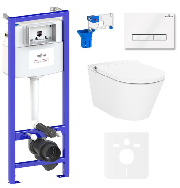 Умный комплект 7 в 1 Lavinia Boho Smart V-Clean 87561154, безободковый унитаз, электронная крышка-биде, пульт ДУ, инсталляция, крепление, клавиша смыва, шумоизоляция, диспенсер