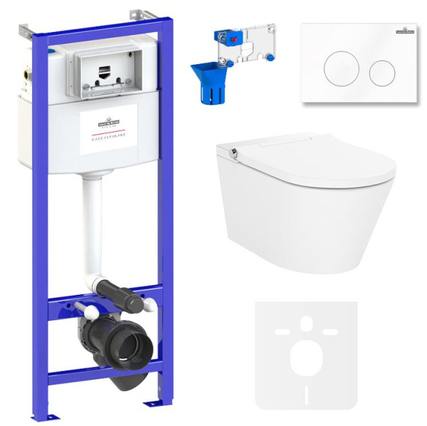 Умный комплект 7 в 1 Lavinia Boho Smart V-Clean 87561150, безободковый унитаз, электронная крышка-биде, пульт ДУ, инсталляция, крепление, клавиша смыва, шумоизоляция, диспенсер