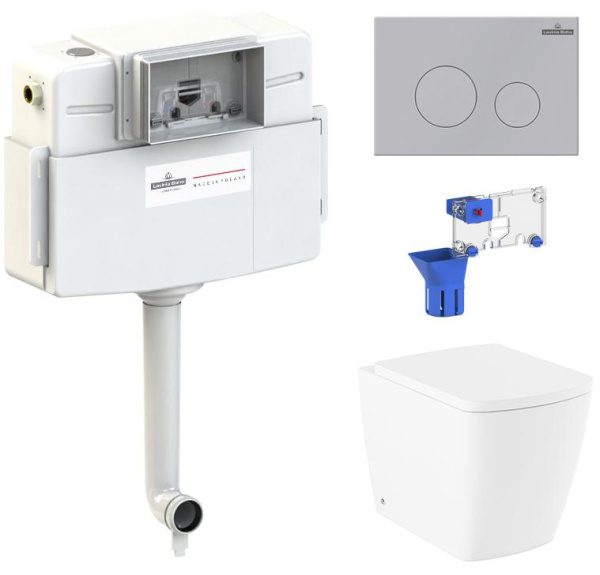 Комплект 5 в 1 Lavinia Boho Relfix Aveo Rimless 87060259: приставной безободковый унитаз, сиденье микролифт, бачок скрытого монтажа, крепление, клавиша смыва, диспенсер