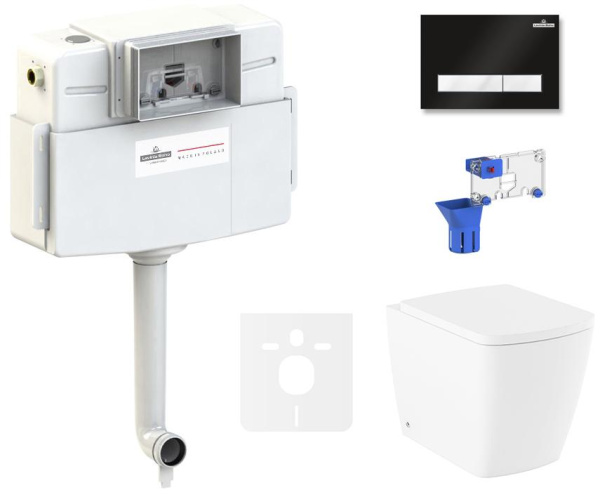 Комплект 5 в 1 Lavinia Boho Relfix Aveo Rimless 87551072: приставной безободковый унитаз, сиденье микролифт, бачок скрытого монтажа, крепление, клавиша смыва, диспенсер