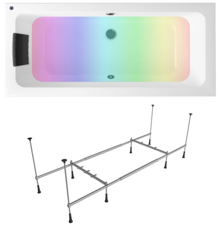 Комплект 4 в 1 Lavinia Boho Pure S3-3710075P, акриловая ванна 170x75 см, усиленный металлический каркас с монтажным набором, мягкий силиконовый подголовник, хромотерапия