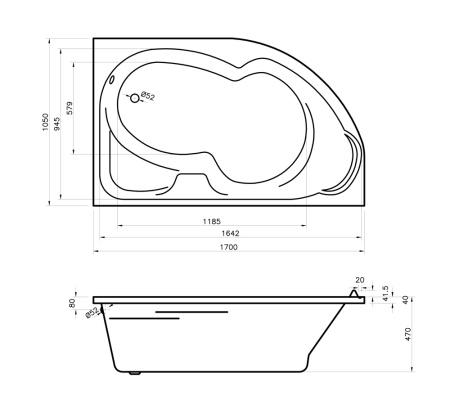 Акриловая ванна Lavinia Boho Grance Hill 3703170R, усиленный армированный корпус ванны, 170x105 см (правый разворот)