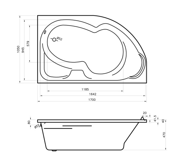 Акриловая ванна Lavinia Boho Grance Hill 3703170R, усиленный армированный корпус ванны, 170x105 см (правый разворот)