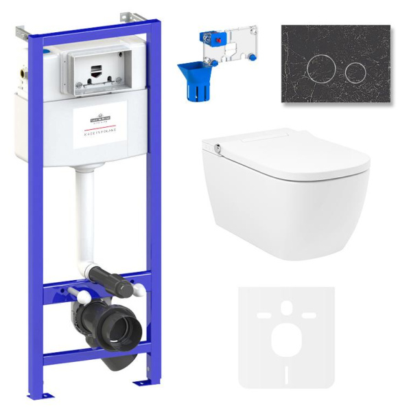 Умный комплект 7 в 1 Lavinia Boho Smart V-Clean 87561143, безободковый унитаз, электронная крышка-биде, пульт ДУ, инсталляция, крепление, клавиша смыва, шумоизоляция, диспенсер
